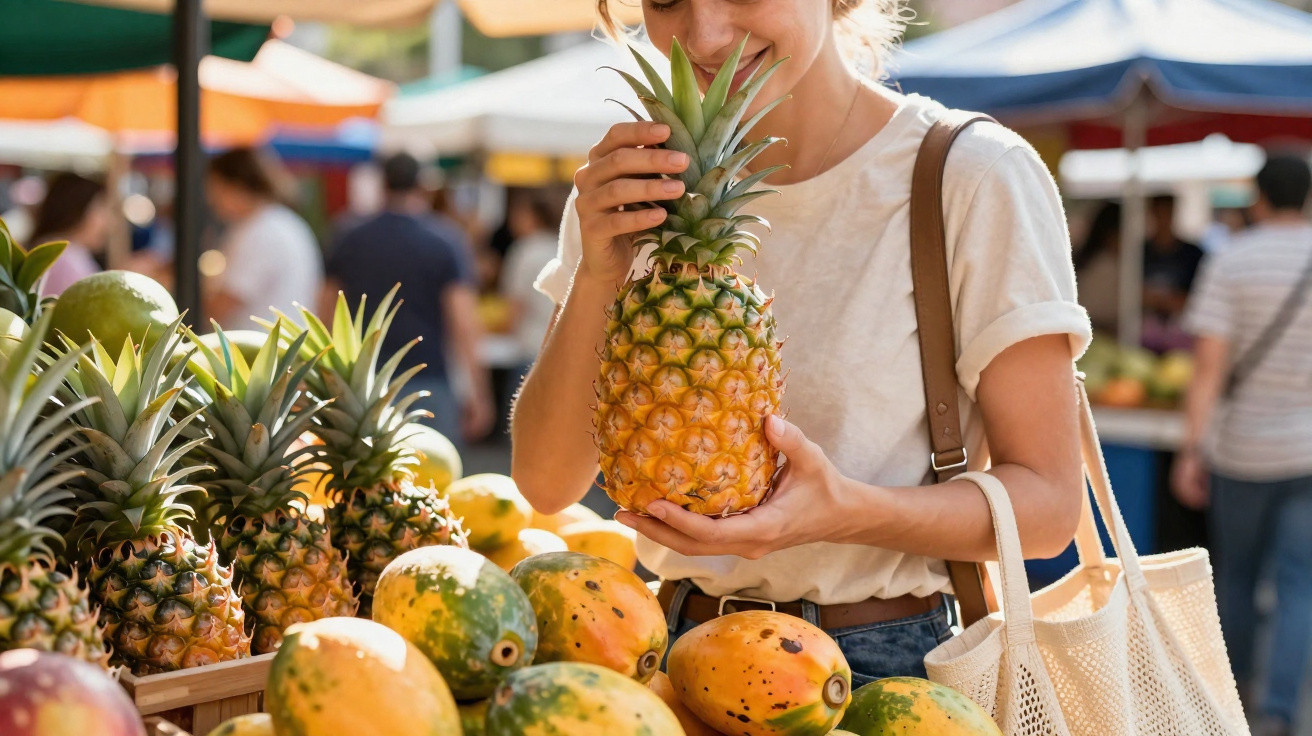Mulher a cheirar abacaxi fresco numa feira com várias frutas tropicais expostas à venda.