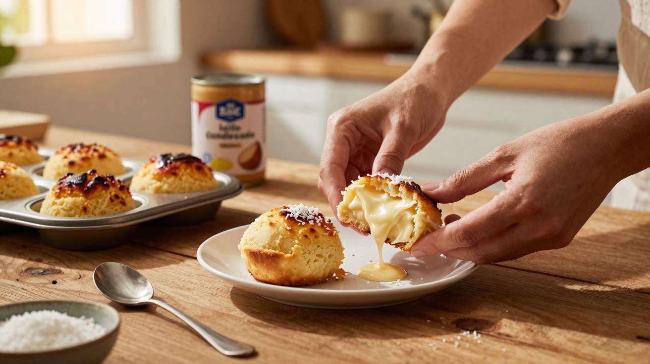 Mãos a partir ao meio pão doce com recheio cremoso, em prato, com mais pães e lata de leite condensado ao fundo.