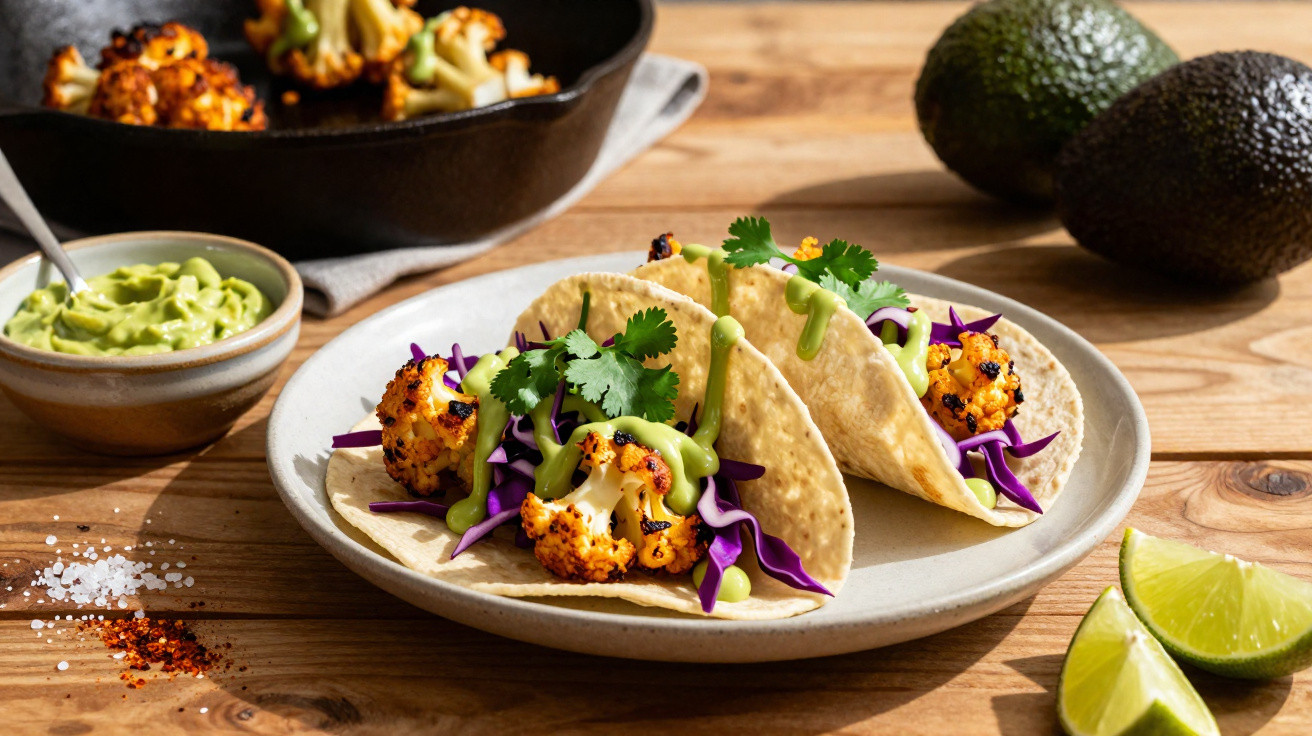 Três tacos com couve-flor grelhada, molho verde, coentros e repolho roxo em prato branco, ao lado de abacates e limão.