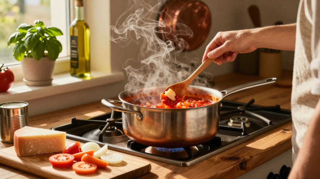 Mão a mexer molho de tomate fumegante num tacho ao lume numa cozinha com ingredientes frescos na bancada.