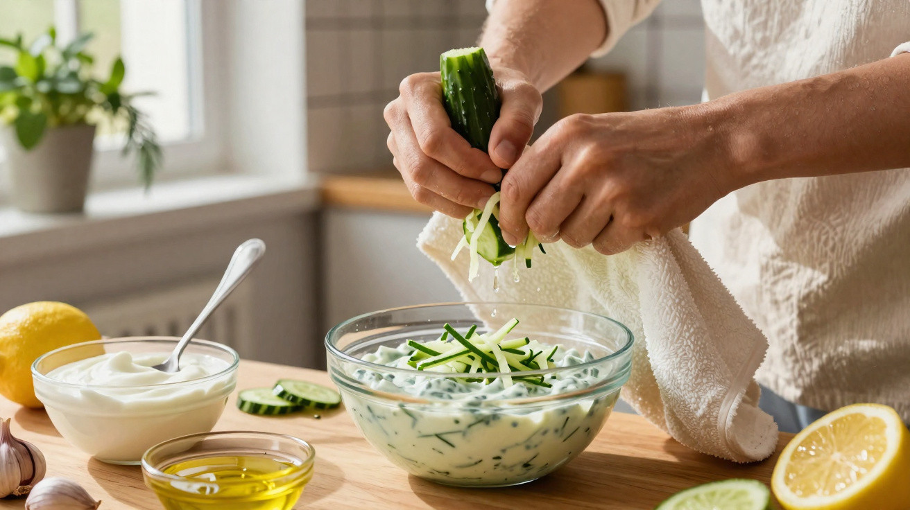 Pessoa a ralar pepino para uma tigela com iogurte e ervas numa cozinha iluminada.