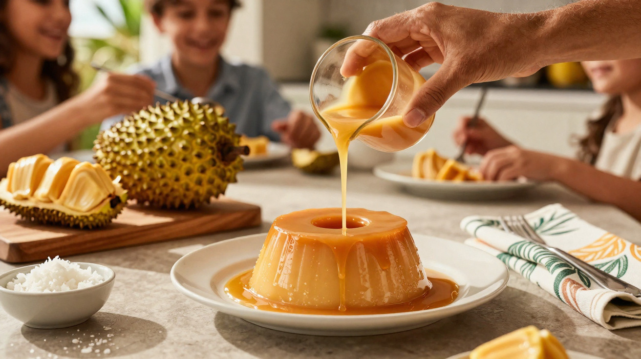 Pudim com caramelo a ser servido numa mesa, com pausas e fruta durian ao fundo e crianças a sorrir.