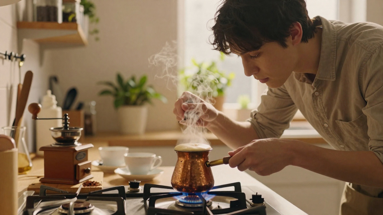Homem a preparar café numa cafeteira tradicional sobre fogão a gás numa cozinha luminosa.