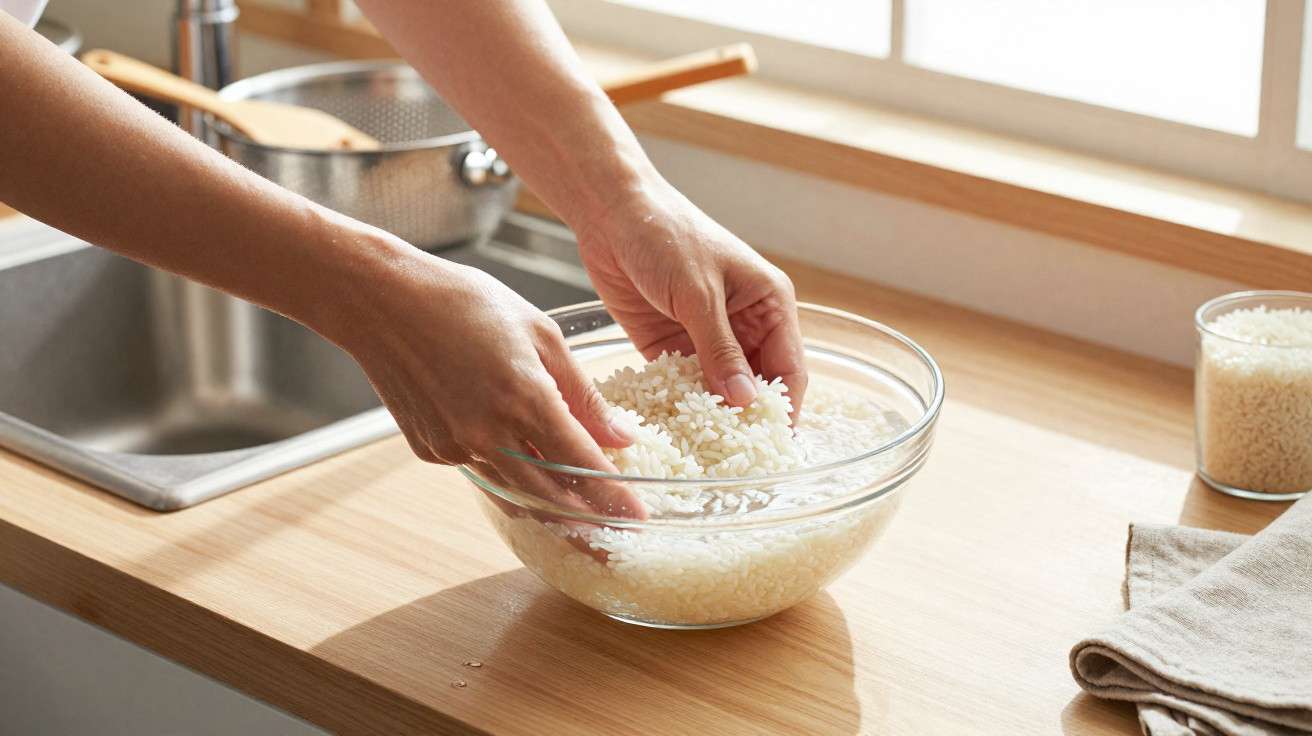 Mãos a lavar arroz num recipiente de vidro com água numa bancada de cozinha junto a uma janela.