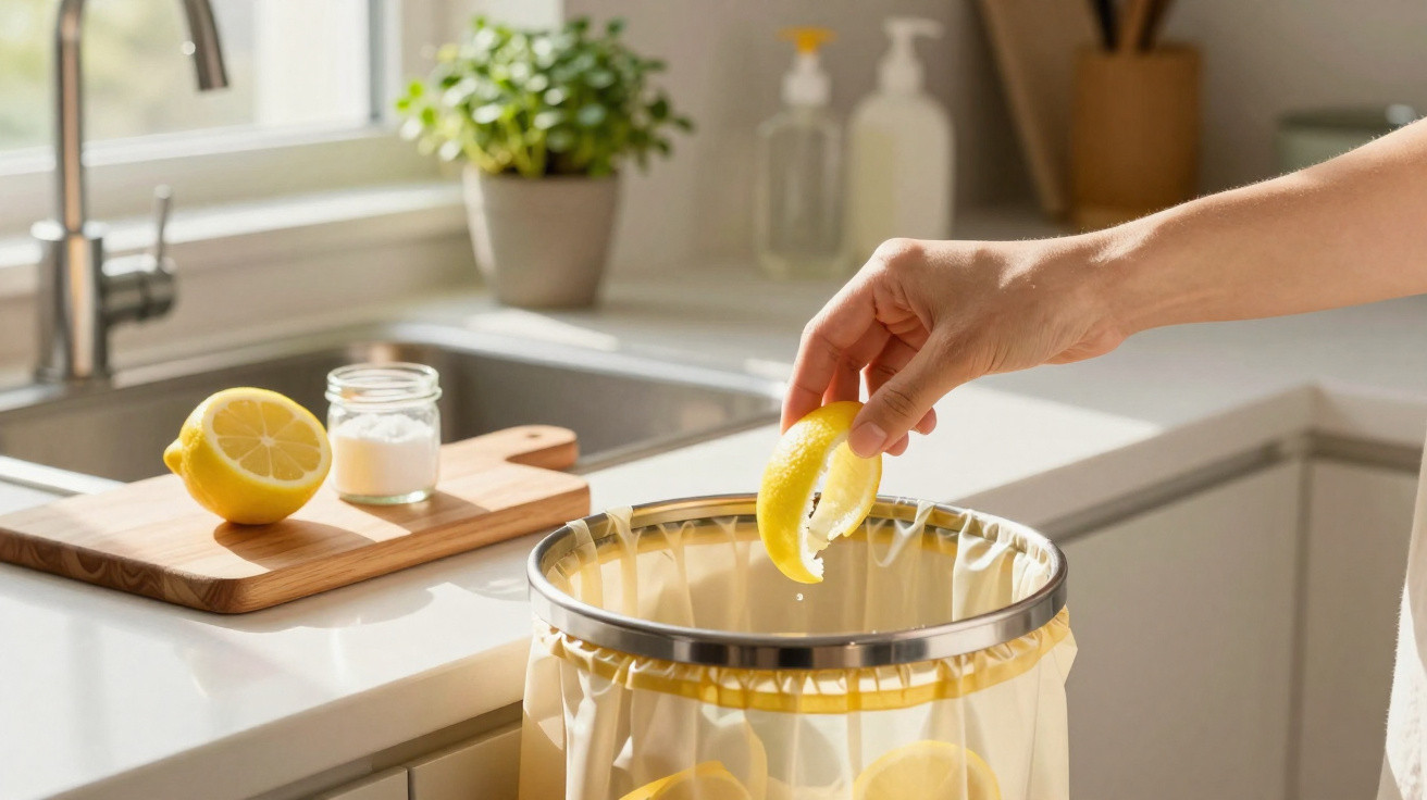 Mão a deitar uma casca de limão num lixo de cozinha com bancada, tábua e jarra ao fundo.