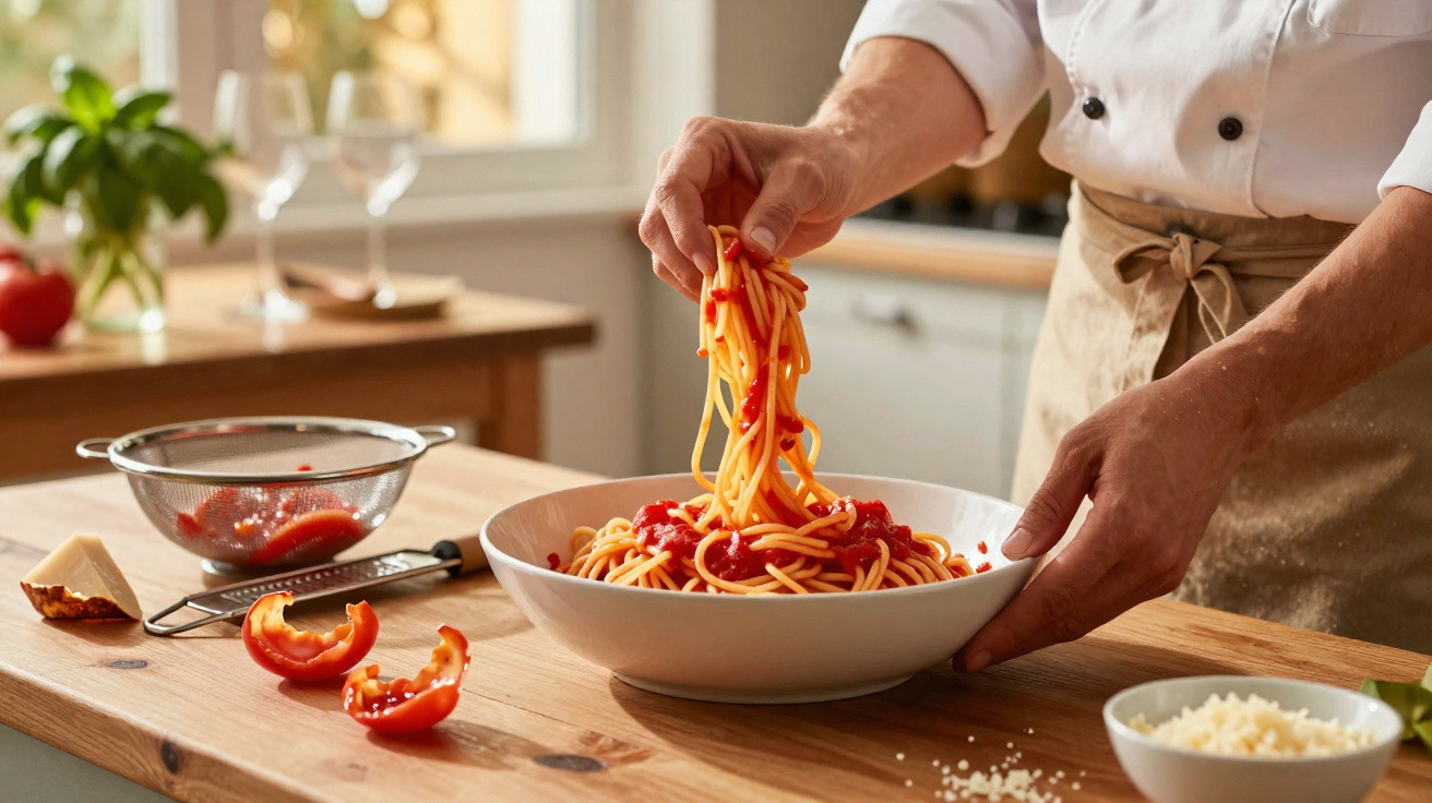 Pessoa a servir espaguete com molho de tomate numa tigela branca numa cozinha acolhedora.
