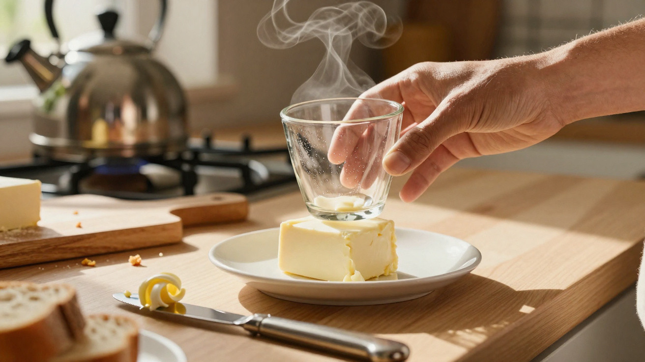 Mão segurando copo quente sobre prato com manteiga para suavizar, com pão e faca na bancada da cozinha.