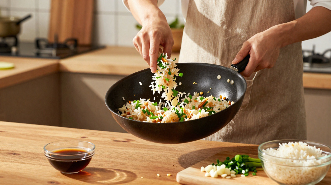 Pessoa a cozinhar arroz frito com legumes numa wok numa cozinha moderna e luminosa.