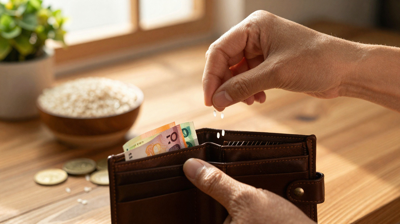 Pessoa a colocar grãos de arroz numa carteira com notas e moedas sobre mesa de madeira.