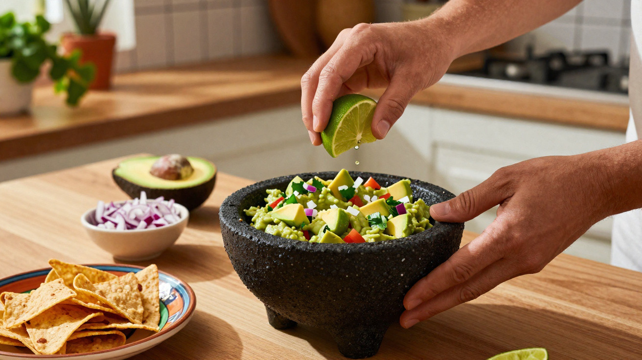Mãos a espremer lima sobre guacamole com tomate, cebola e tortilla numa cozinha doméstica.