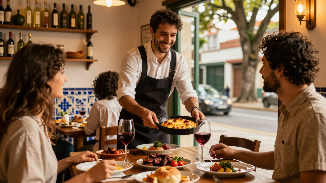 Empregado a servir comida quente a casal num restaurante acolhedor com vinho e pratos variados na mesa.