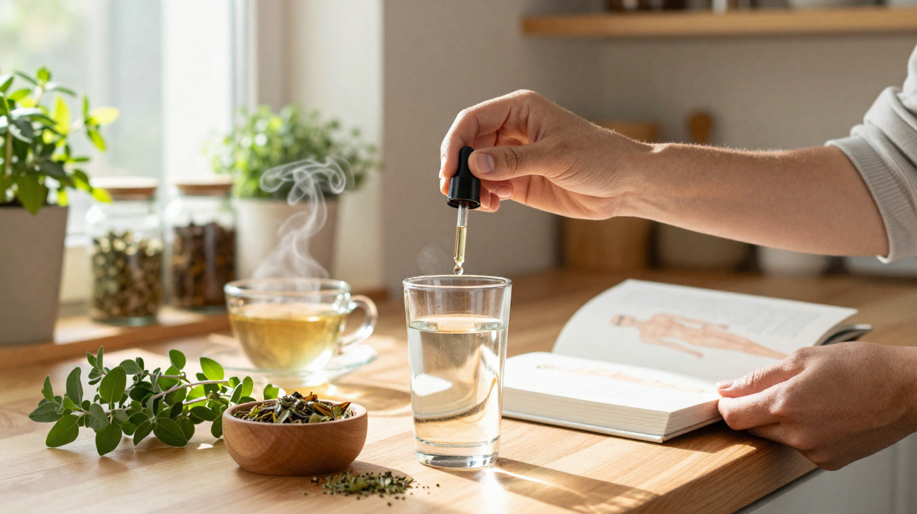 Pessoa a adicionar gotas de suplemento líquido num copo de água, com chá, plantas e livro na mesa.