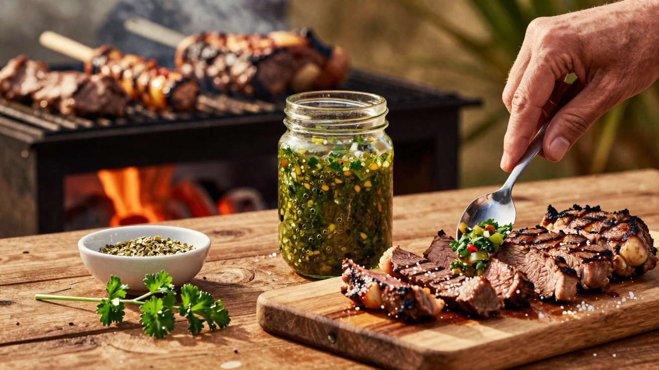 Churrasco de carne fatiada com molho verde em frasco e grelha com espetadas ao fundo numa mesa de madeira.