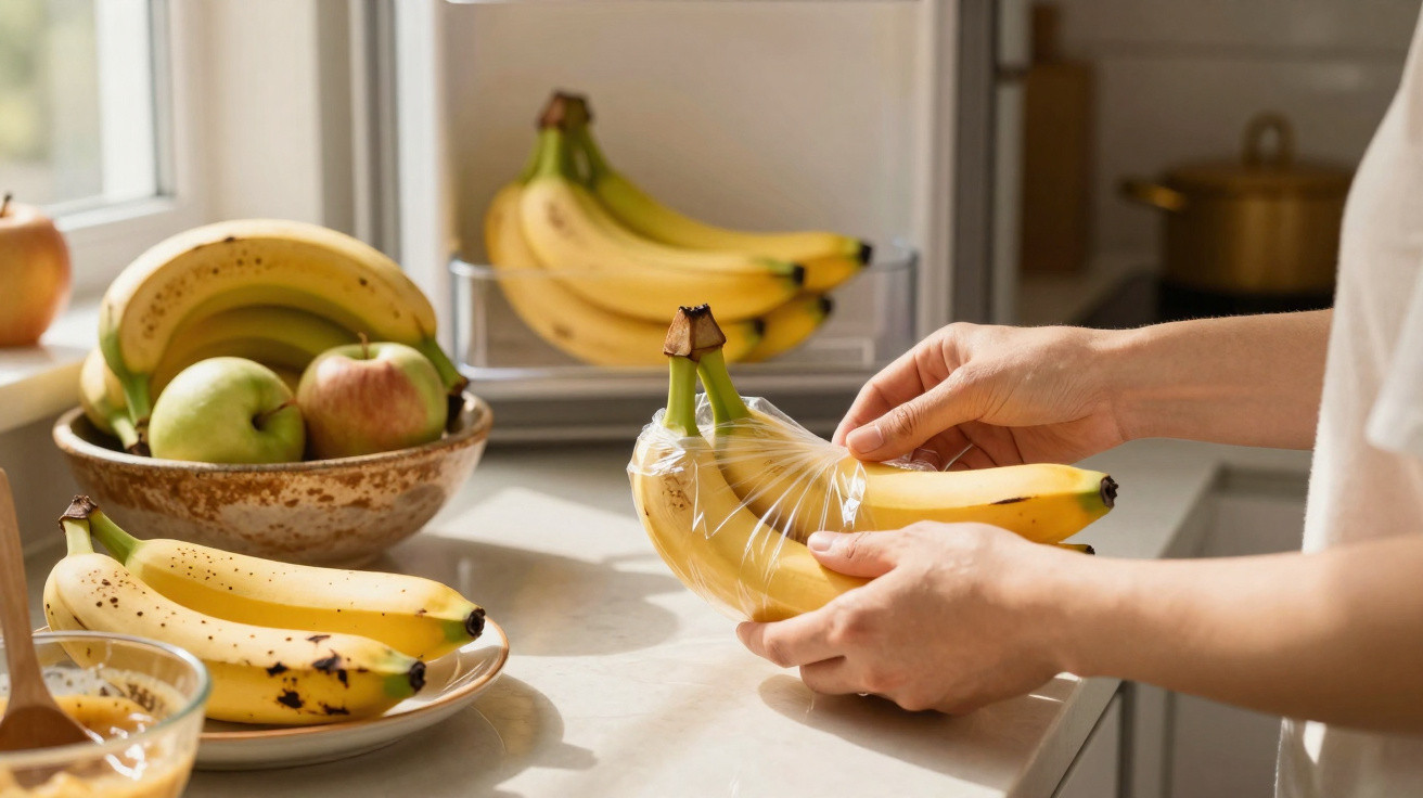 Mãos a embrulhar cachos de bananas em filme plástico numa cozinha iluminada, com maçãs e mais bananas ao fundo.