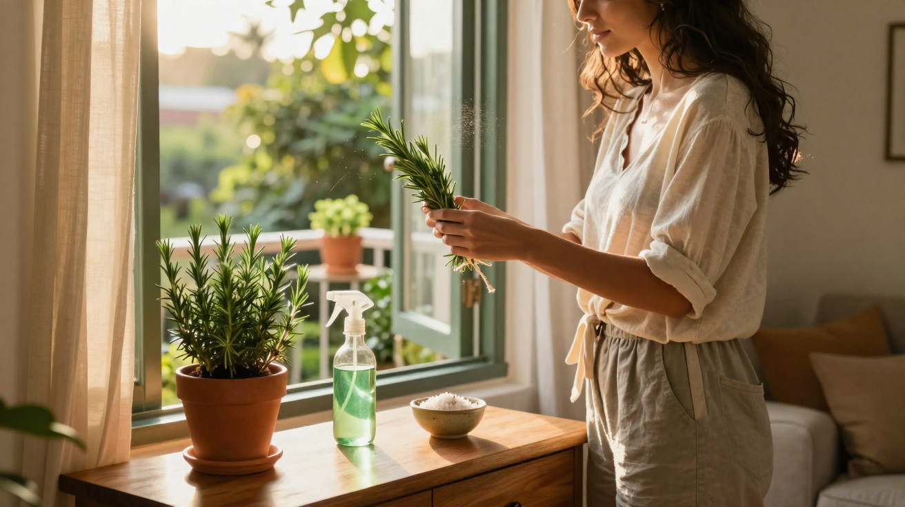 Mulher com roupa clara junto a uma janela aberta, cuidando de planta de alecrim em vaso com pulverizador ao lado.