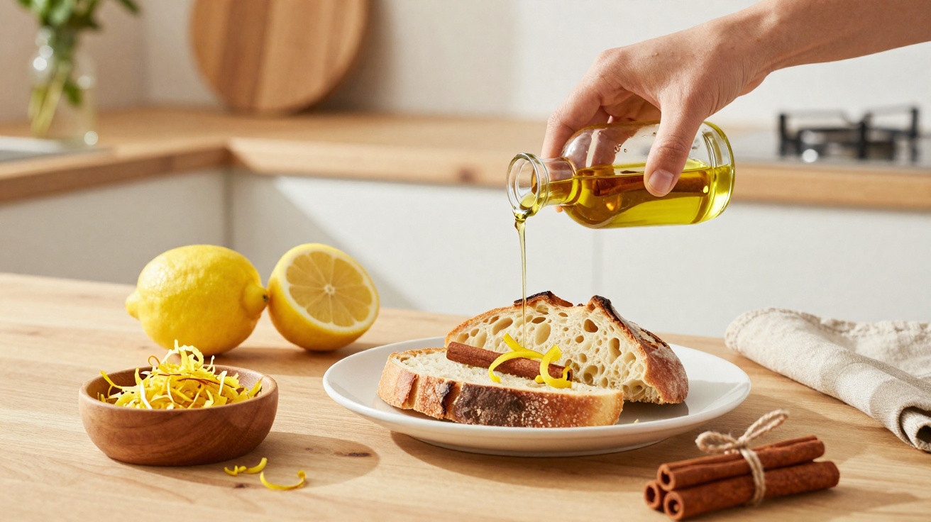 Mão a verter azeite sobre fatias de pão com casca, com limão e paus de canela na mesa de madeira.