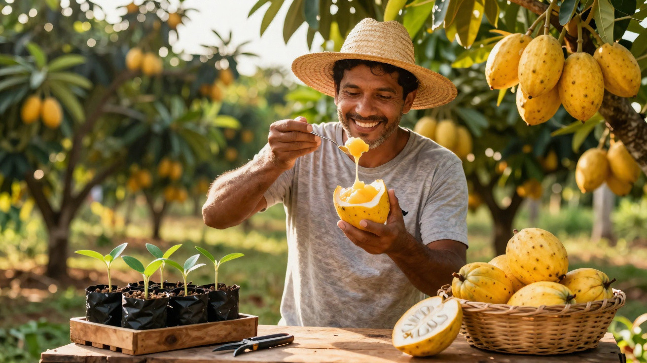 Homem com chapéu colhe e prova fruta amarela numa plantação ao ar livre, rodeado por árvores e plantas.