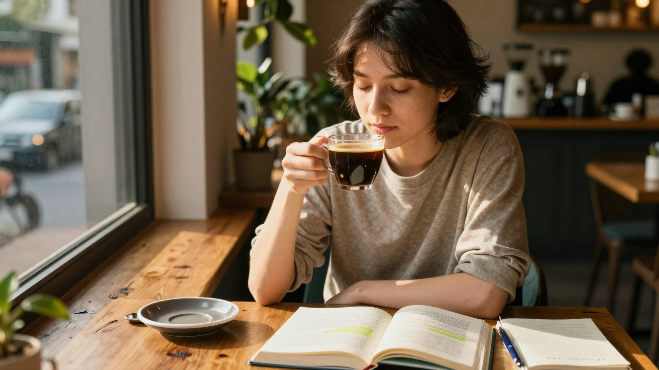 Pessoa jovem a beber café e a ler um livro numa cafetaria luminosa com luz natural.