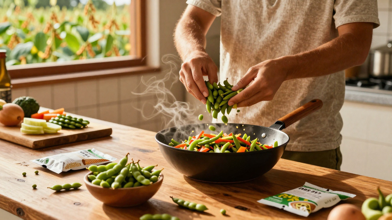 Pessoa a preparar legumes frescos numa frigideira numa cozinha acolhedora com luz natural.