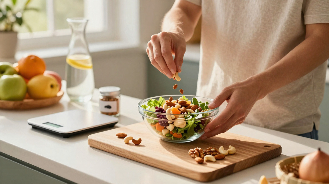 Pessoa a preparar salada fresca com frutos secos numa cozinha clara e moderna.