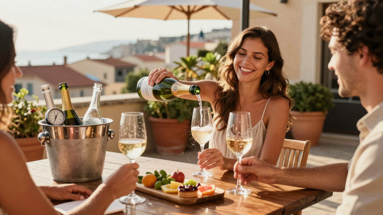 Jovem a servir vinho na companhia de amigos numa refeição ao ar livre em dia ensolarado.