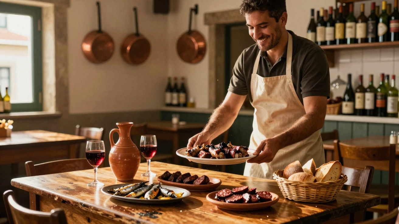 Homem a servir pratos tradicionais portugueses numa mesa com vinho, pão e petiscos num restaurante rústico.