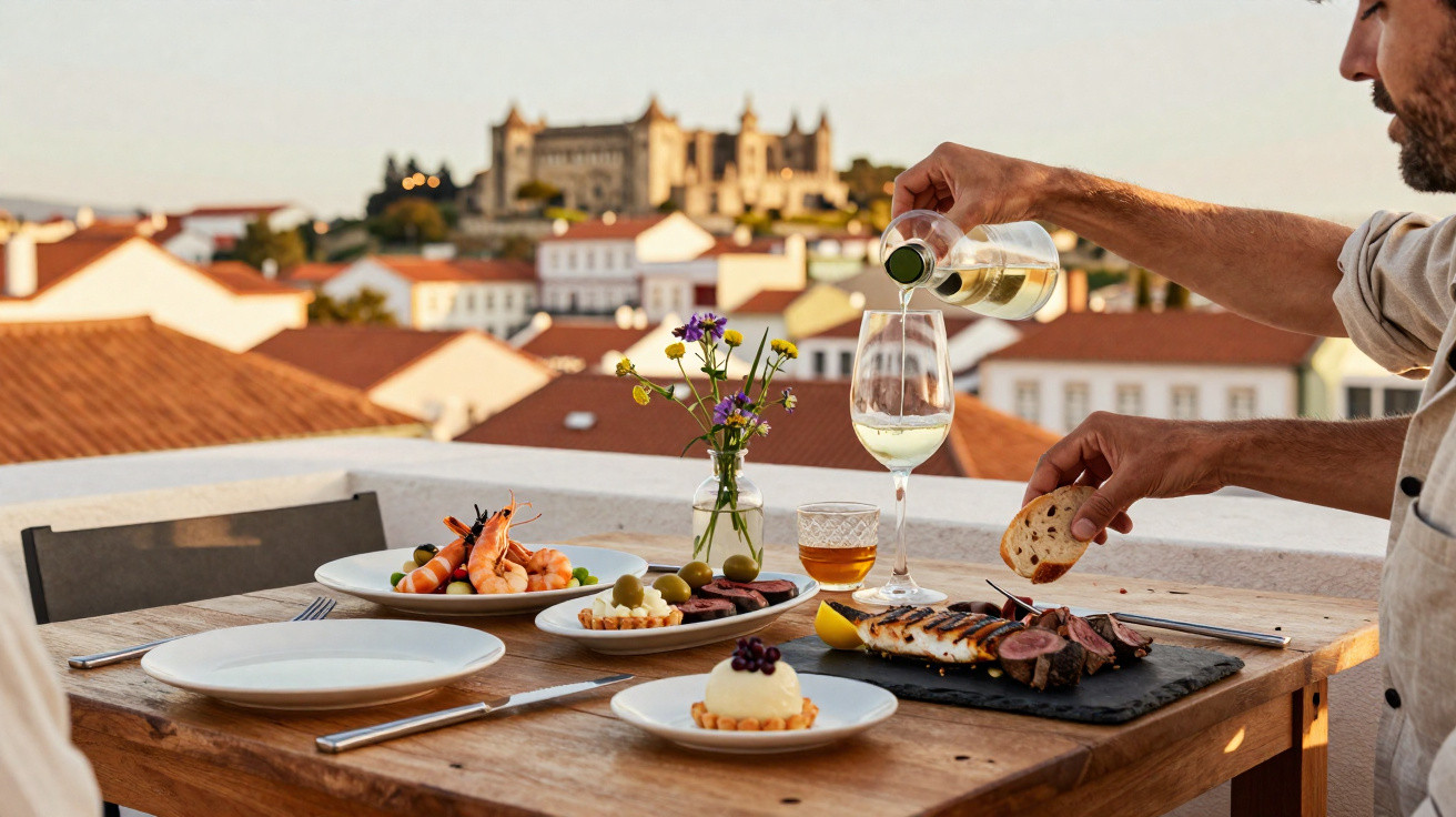 Pessoa a servir vinho branco numa mesa com vários pratos de comida, varanda com vista para cidade histórica.