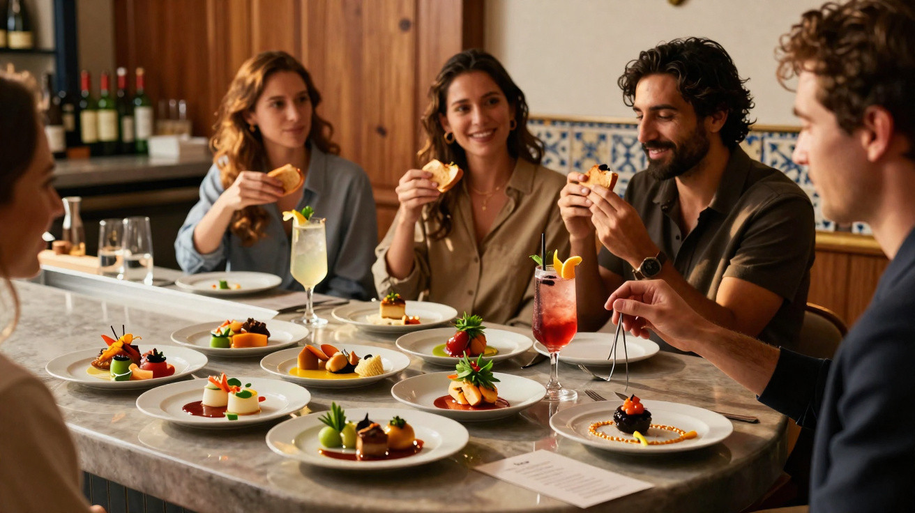 Grupo de cinco pessoas a desfrutar de petiscos sofisticados e cocktails num ambiente acolhedor e elegante.