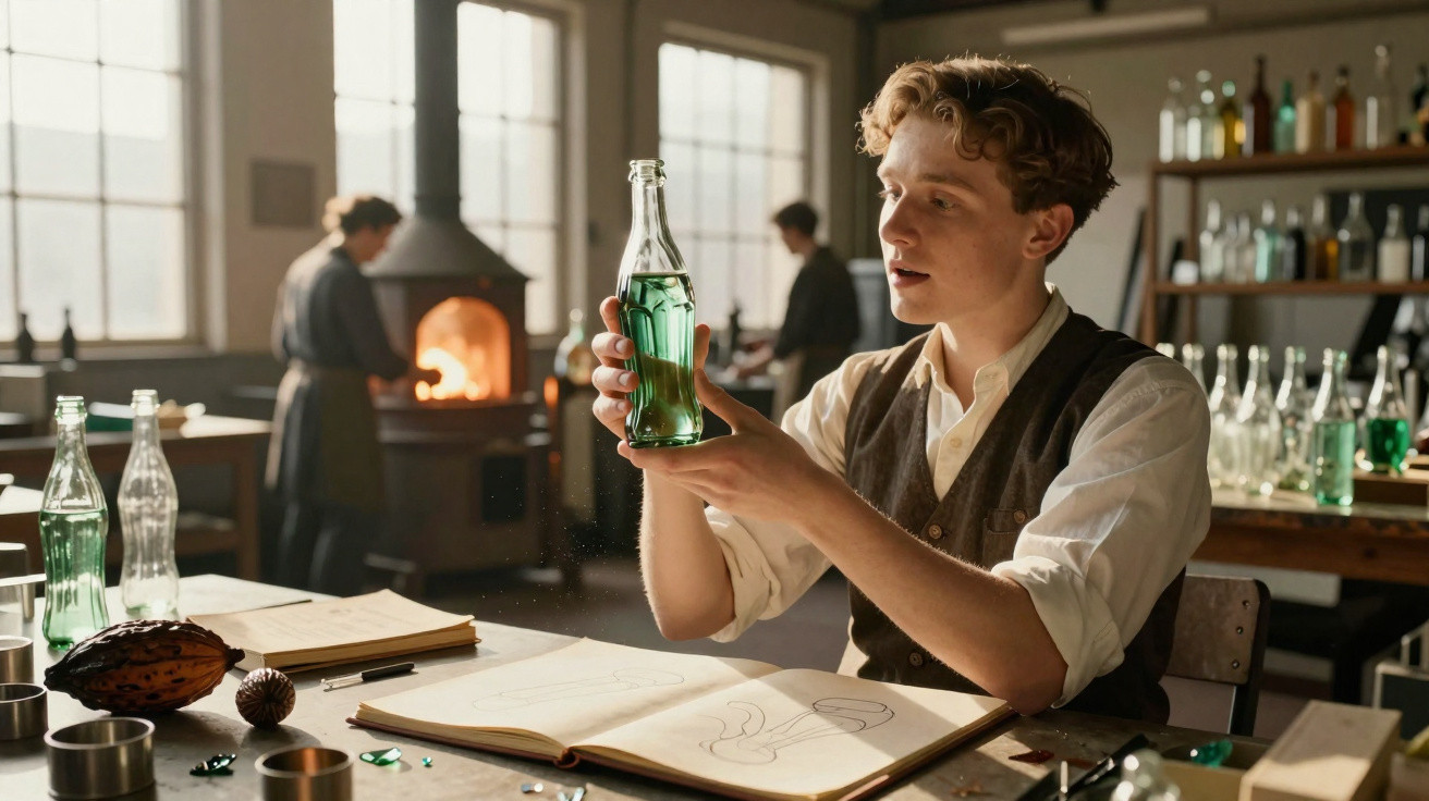 Jovem observa garrafa com líquido verde numa oficina antiga de produção de bebidas.