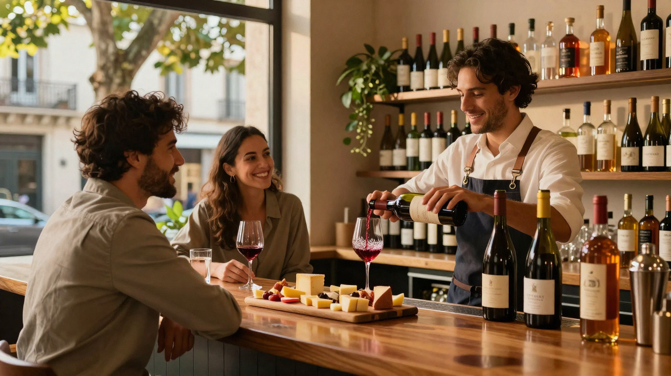 Homem serve vinho tinto a casal num bar com tábua de queijos à frente.