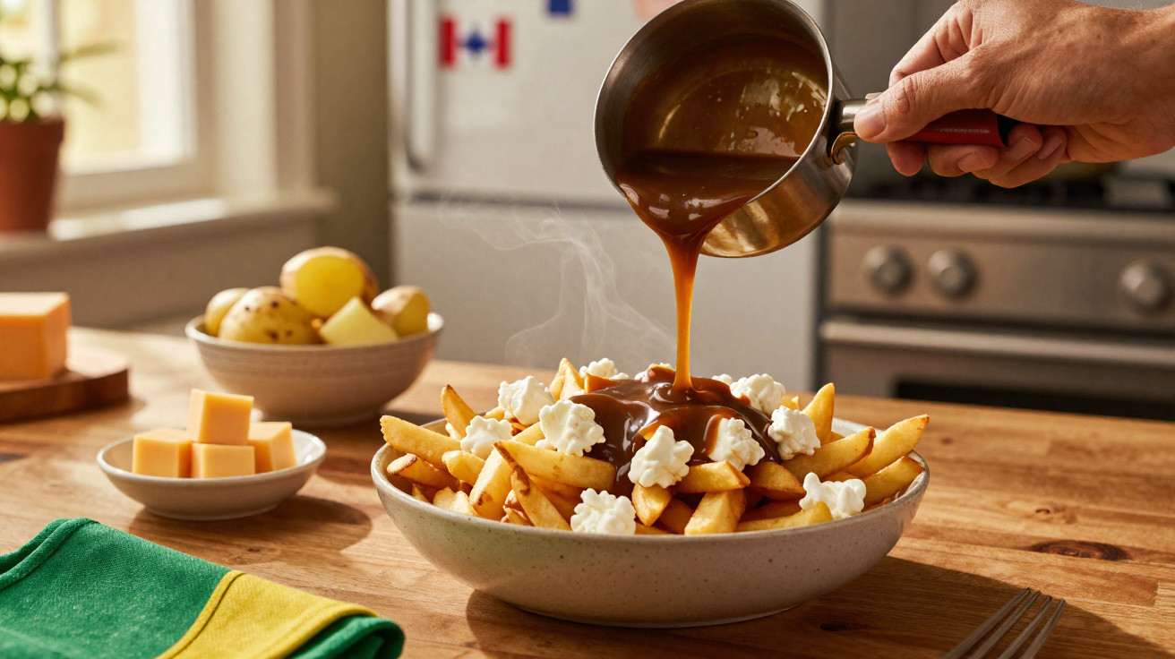 Mão a verter molho marrom sobre prato de batatas fritas com queijo em cozinha iluminada.