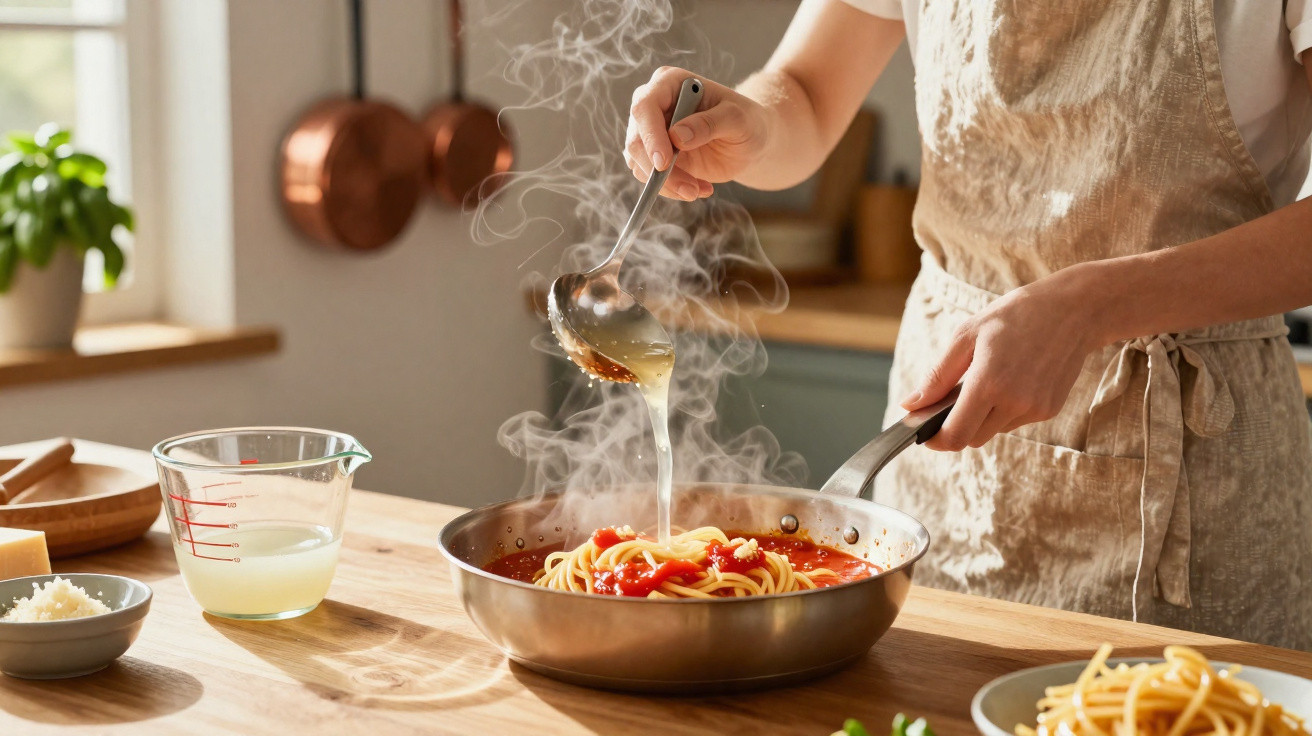 Pessoa a preparar esparguete com molho de tomate numa frigideira numa cozinha iluminada a natural.