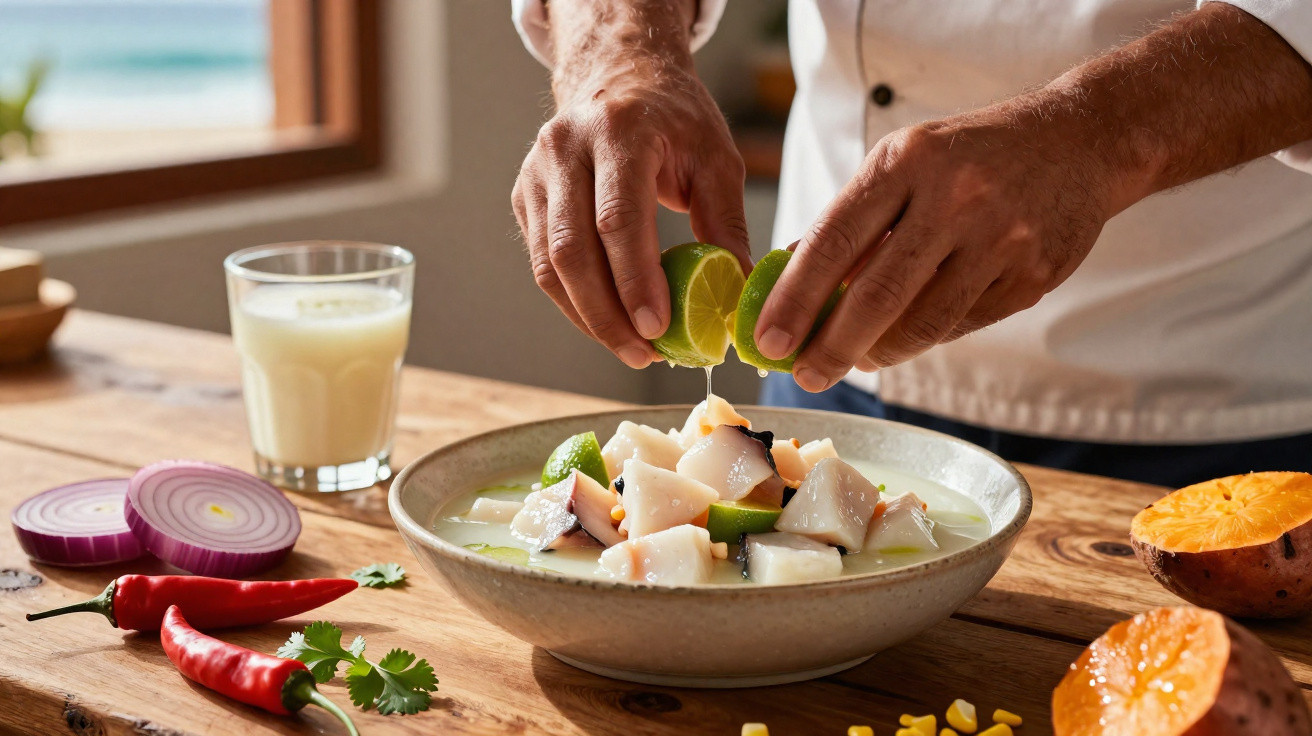Chef a espremer limão sobre prato com ceviche e ingredientes frescos numa mesa de madeira.