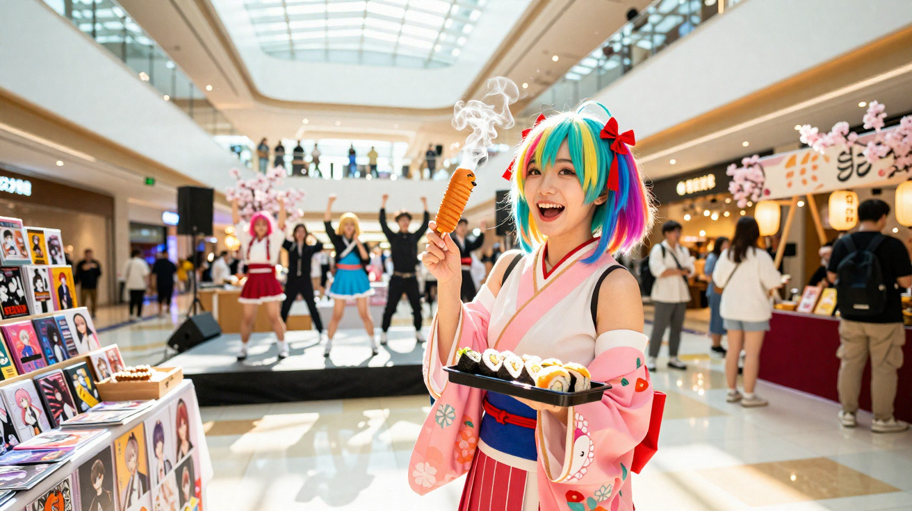 Jovem com peruca colorida e fantasia tradicional segura comida japonesa num evento em centro comercial.