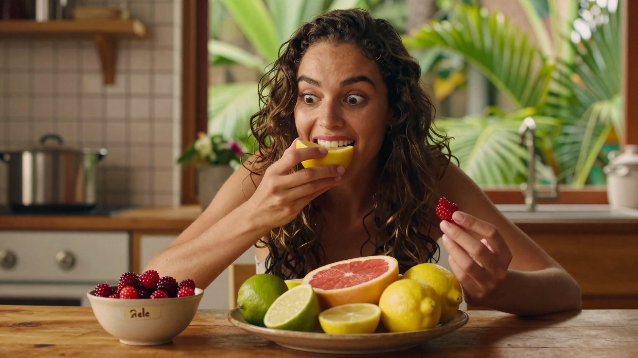 Mulher sentada à mesa a provar uma fatia de limão rodeada de frutas cítricas e frutos vermelhos.