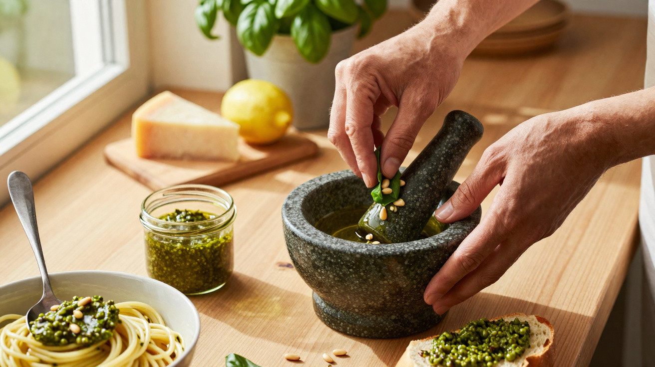 Mãos a preparar pesto no pilão com pinhões, manjericão, e esparguete numa cozinha iluminada.
