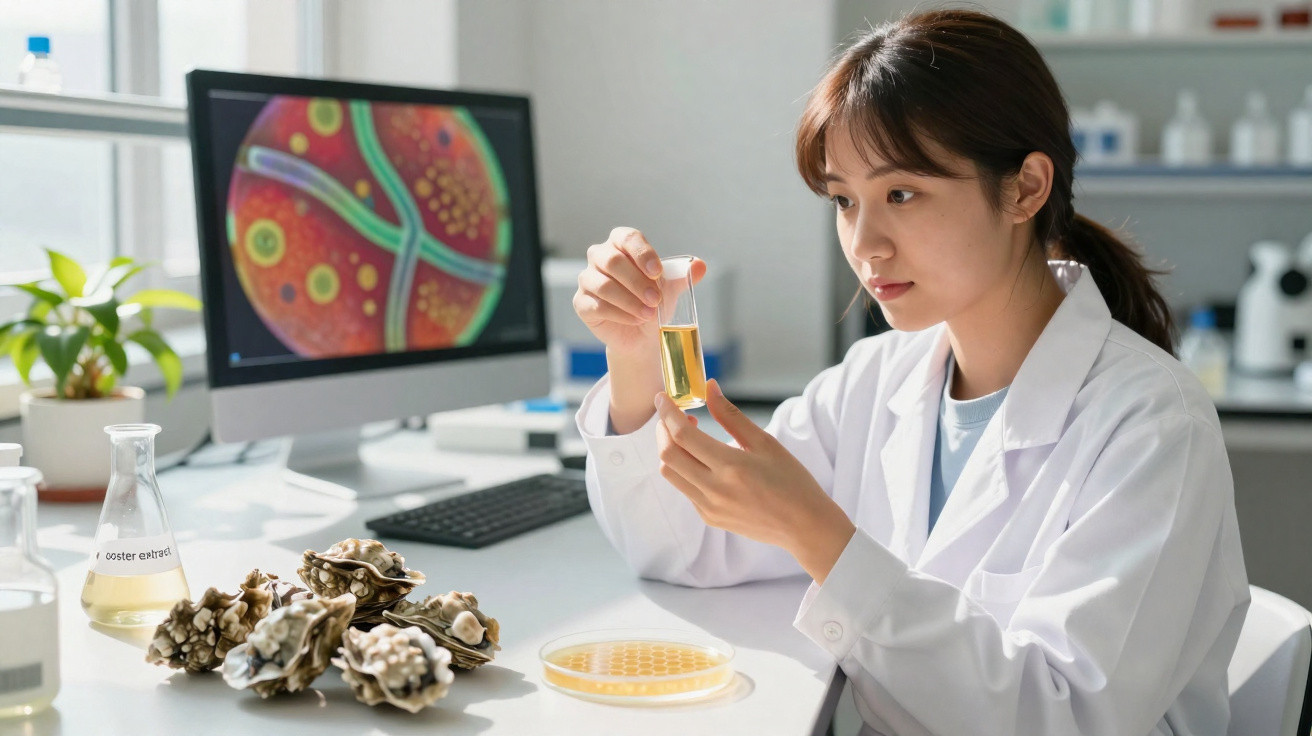 Cientista em bata branca examina tubo de ensaio com líquido amarelo em laboratório moderno.
