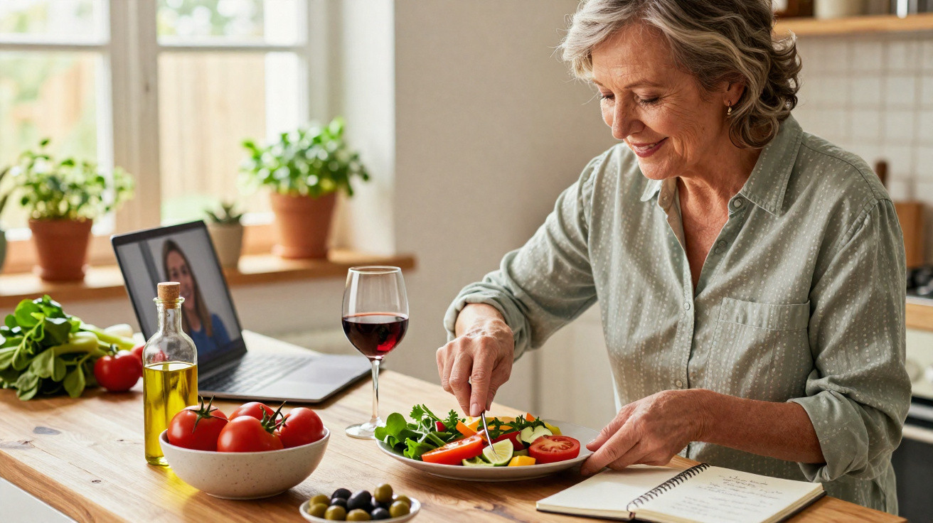 Mulher prepara salada na cozinha com garrafa de azeite, copo de vinho e laptop ao fundo.