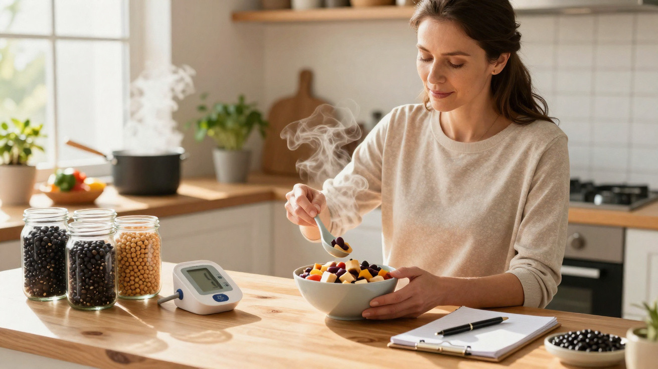Mulher a comer sopa quente numa cozinha moderna com frascos de feijão e aparelho de medição ao lado.
