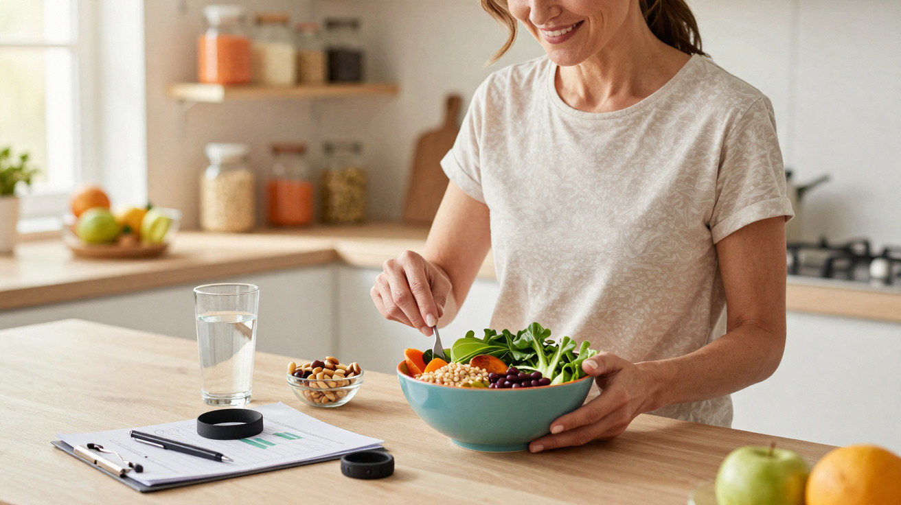 Mulher sorridente a preparar e comer uma salada saudável na cozinha, com copo de água e anotações à frente.