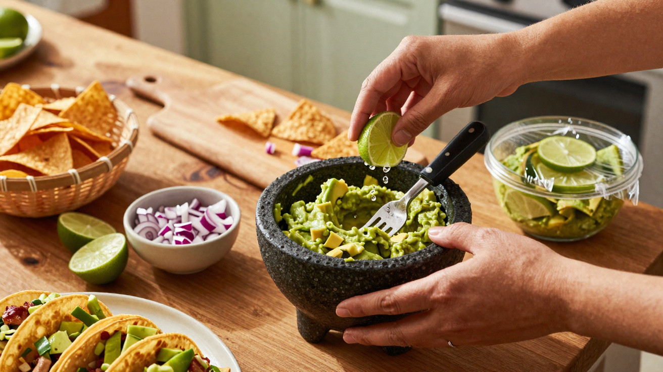 Mãos a espremer lima sobre guacamole num almofariz, com tacos, cebola picada e nachos numa mesa de madeira.