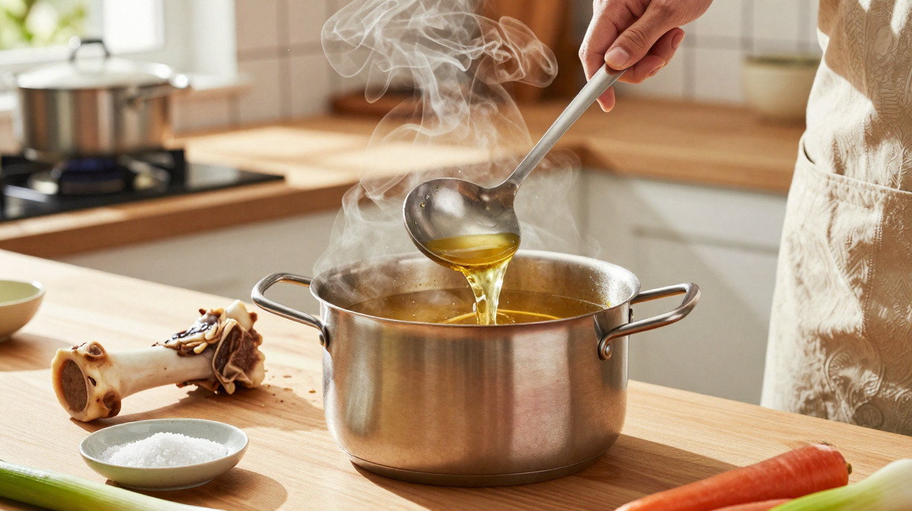 Pessoa a servir caldo quente de panela de inox numa cozinha com ingredientes à volta.