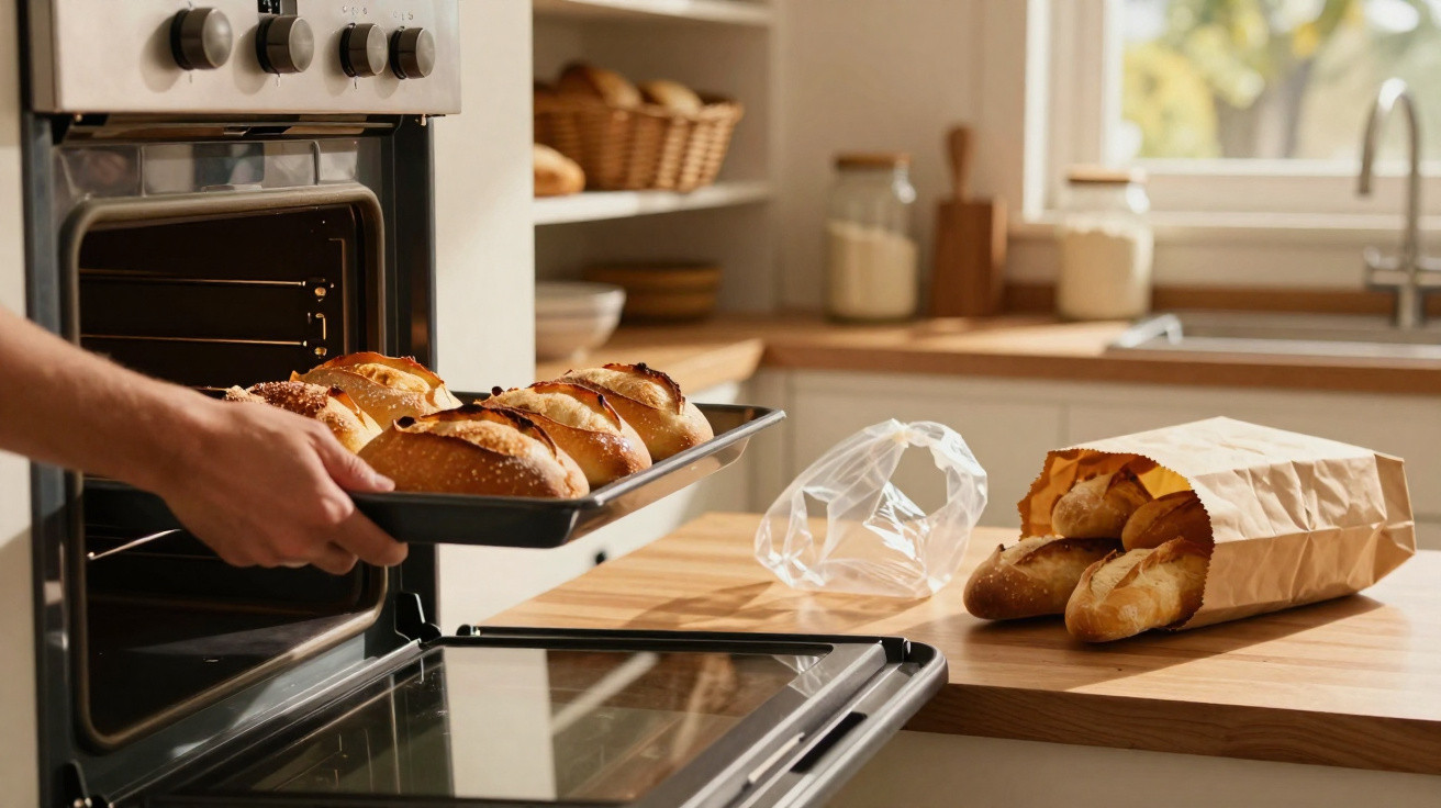 Pessoa a retirar pão caseiro acabado de cozer do forno numa cozinha luminosa com saco de papel e pães na bancada.