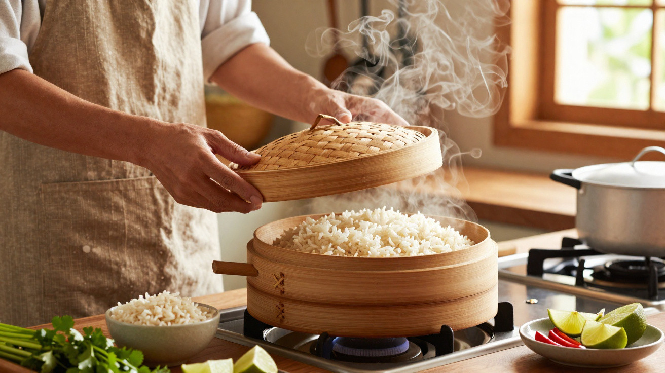 Pessoa a abrir tampa de panela a vapor em que está a cozinhar arroz branco fumegante numa cozinha iluminada.