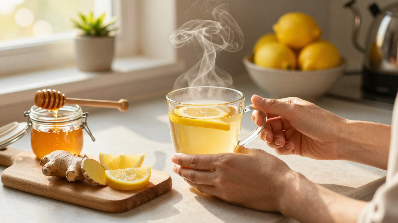 Mãos seguram chá quente com limão, próximo a gengibre, fatias de limão e mel numa cozinha iluminada.