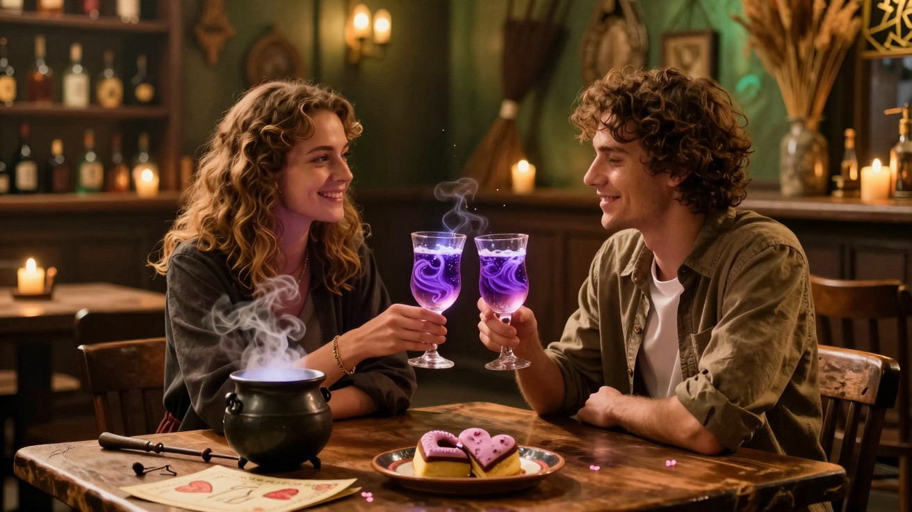 Casal a brindar com copos de bebida roxa fumegante numa mesa com bolo em ambiente acolhedor e decorado.