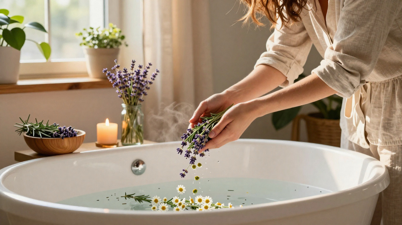 Pessoa a adicionar flores de lavanda a uma banheira branca com água e flores flutuantes.