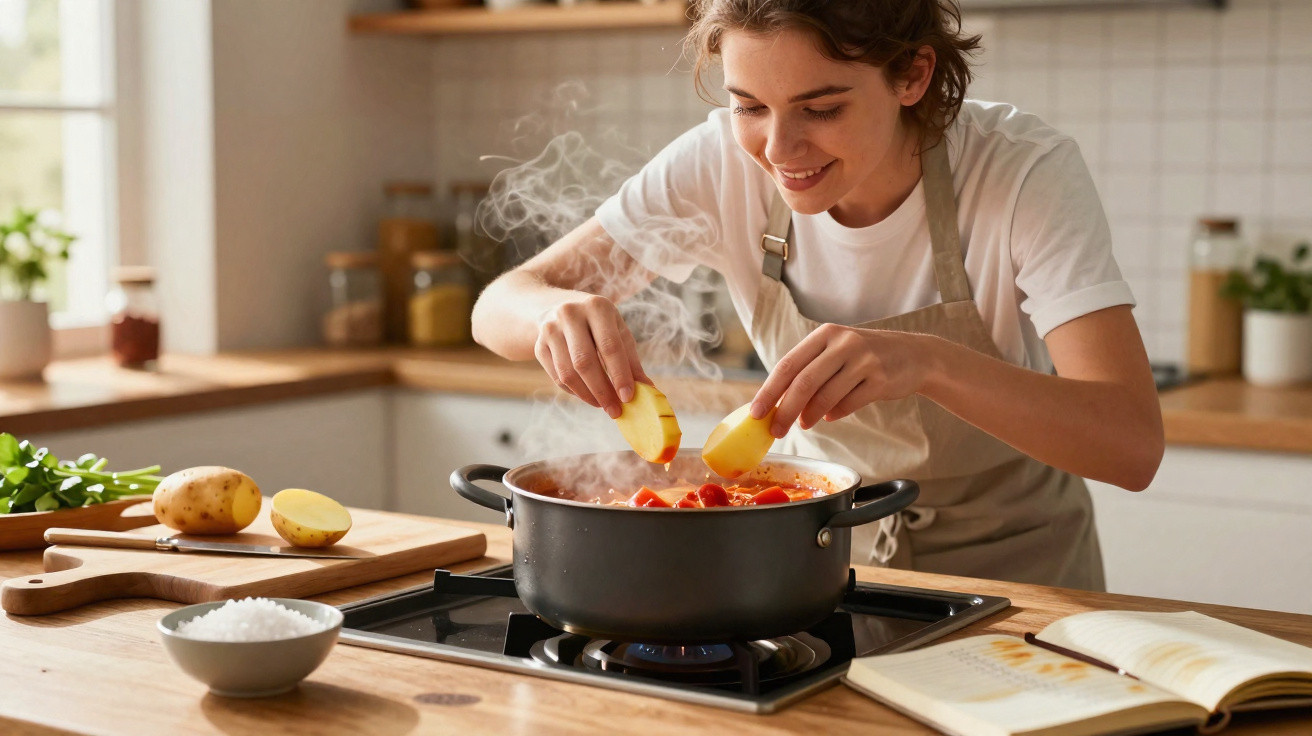 Mulher a cozinhar com batatas numa panela a ferver numa cozinha moderna iluminada.