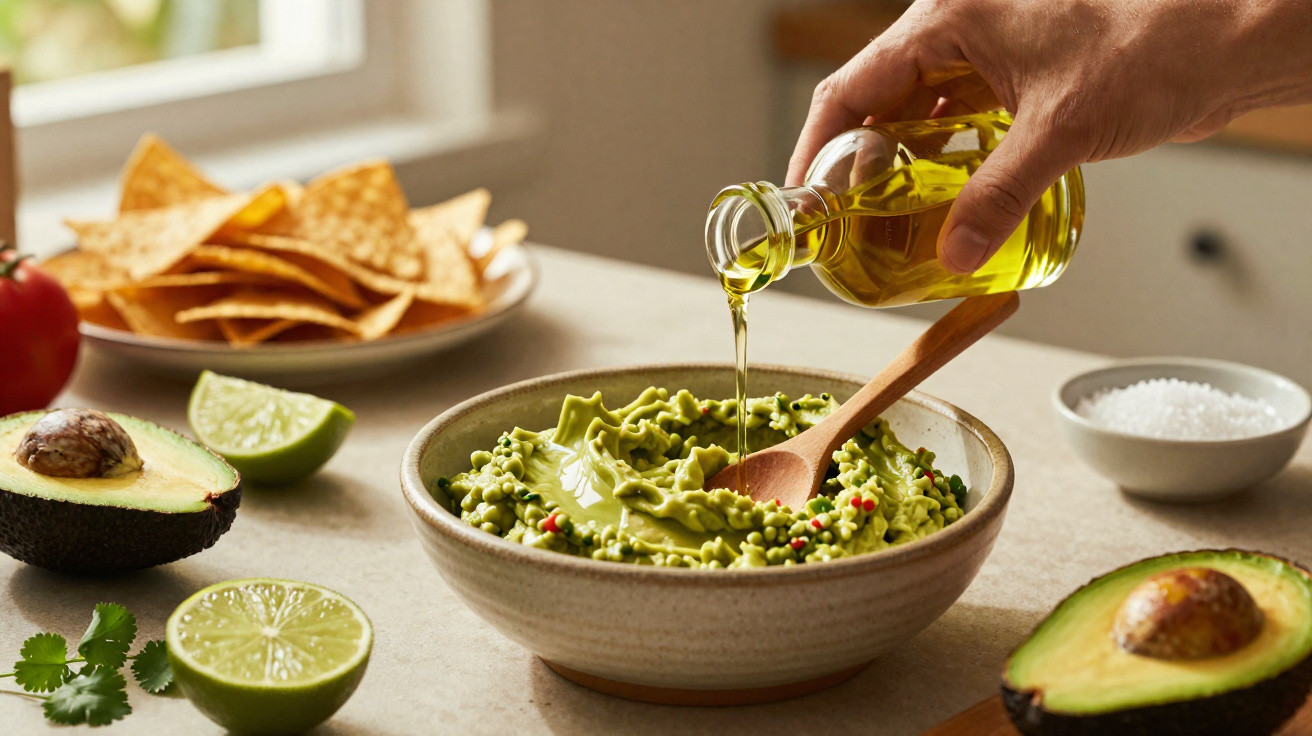 Mão a verter azeite em guacamole numa taça com chips, abacate, lima e sal ao redor sobre uma mesa clara.