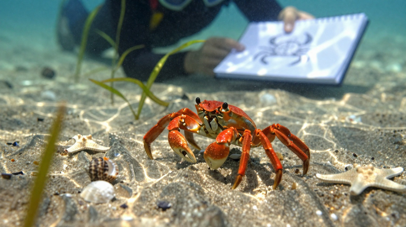 Caranguejo vermelho no fundo do mar, rodeado por estrelas-do-mar e conchas, com mergulhador a observar.
